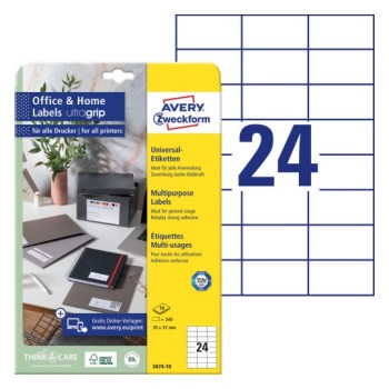 Etykiety białe ULTRAGRIP 70x37mm (10 arkuszy  240 etykiet) 3474-10 AVERY ZWECKFORM