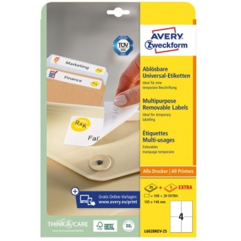 Etykiety białe 105x148mm (25 arkuszy  100 etykiet) usuwalne L6028REV-25 AVERY ZWECKFORM