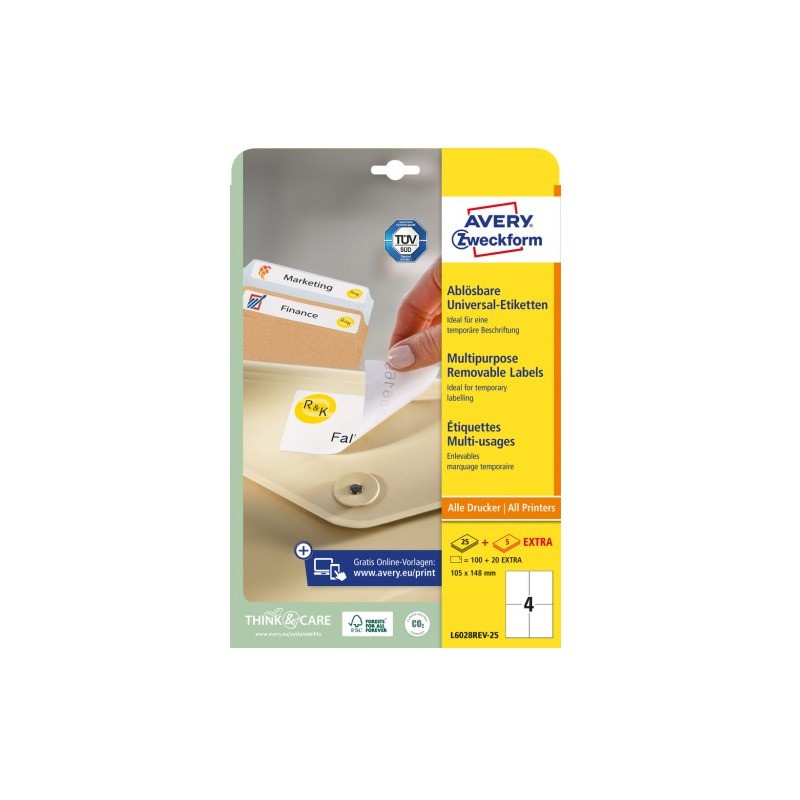 Etykiety białe 105x148mm (25 arkuszy  100 etykiet) usuwalne L6028REV-25 AVERY ZWECKFORM