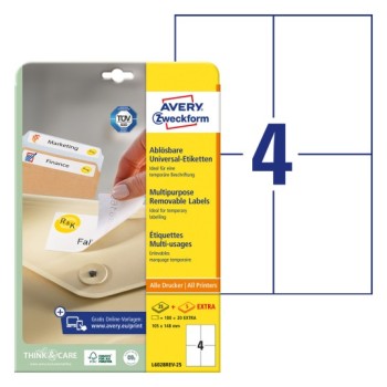 Etykiety białe 105x148mm (25 arkuszy  100 etykiet) usuwalne L6028REV-25 AVERY ZWECKFORM