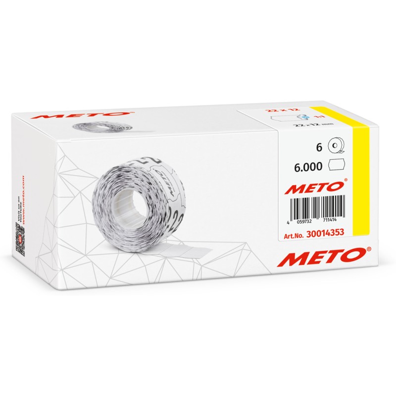 Etykiety cenowe w rolce do metkownicy jednorzędowej 22x12 mm, (6 sztuk) białe faliste, trwały klej, odporne na mróz METO M30