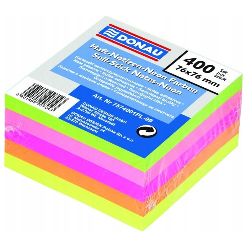 Bloczek samoprzylepny 76x76mm 400k neonowy 5 kolorów DONAU 7574001PL-99