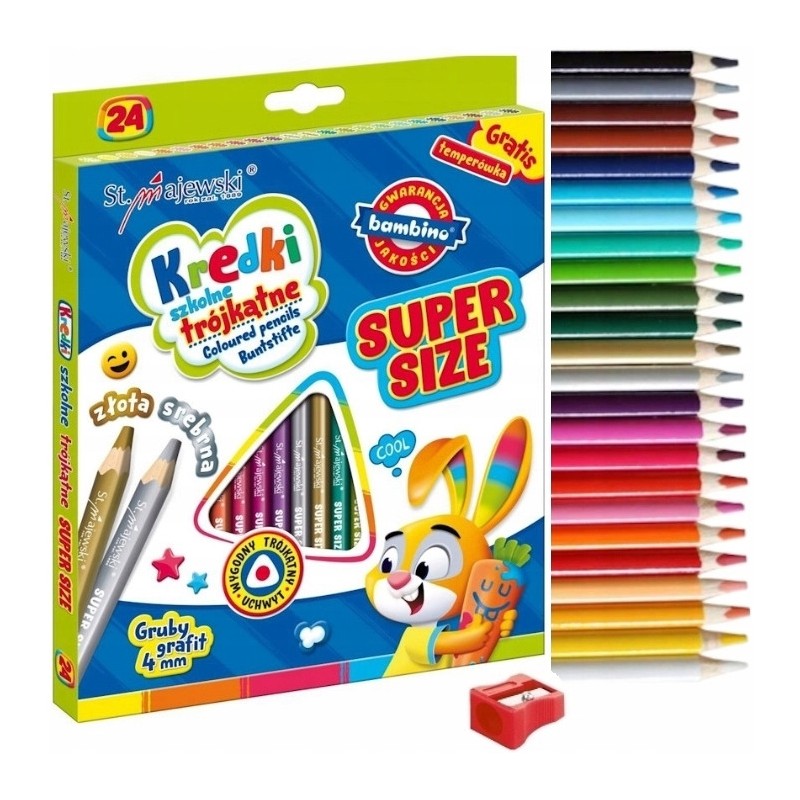 Kredki szkolne trójkątne grube Super Size Zestaw 24 kredek + temperówka BAMBINO St.Majewski