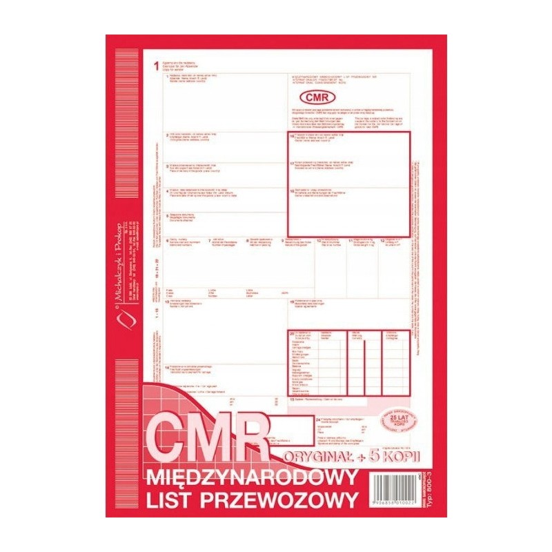 800-3N CMR A4 78kartek 1+5 numerowany międzynarodowy list przewozowy M&P
