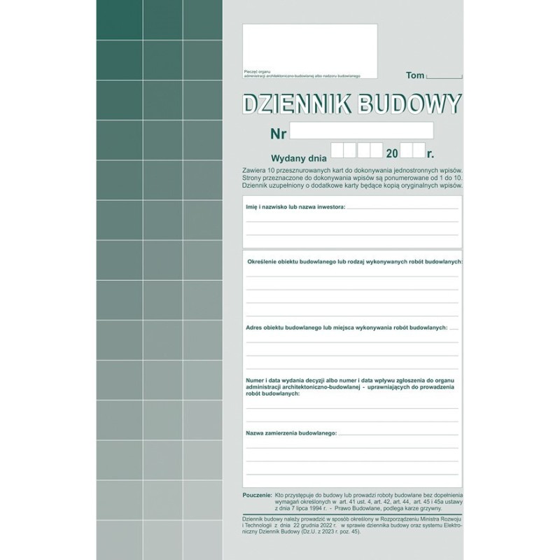 603-S11 Dziennik budowy (10kpl.) A4 oryginał + kopia Michalczyk i Prokop
