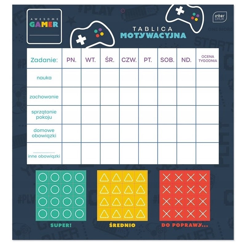 Tablica motywująca z naklejkami GAMER 320x340mm INTERDRUK