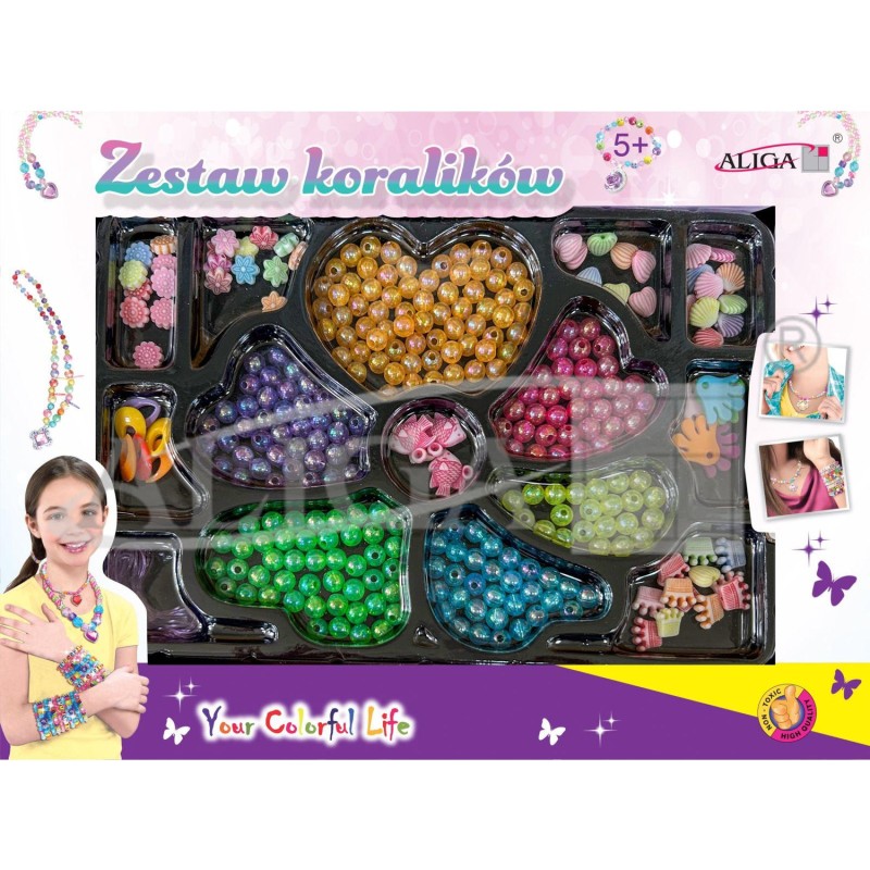 Zestaw koralików plastikowych mix kolorów i kształtów op. ok. 275szt.+2x 120cm żyłka PJ-2029 ALIGA