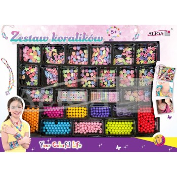 Zestaw koralików plastikowych mix kolorów i kształtów op. ok. 650szt.+2x 120cm żyłka PJ-2005 ALIGA
