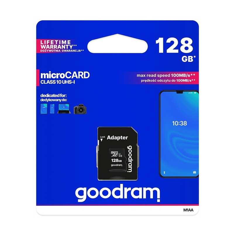 Karta pamięci MicroSD 128GB GOODRAM MicroSDXC Class10 UHS I + adapter M1AA-1280R12