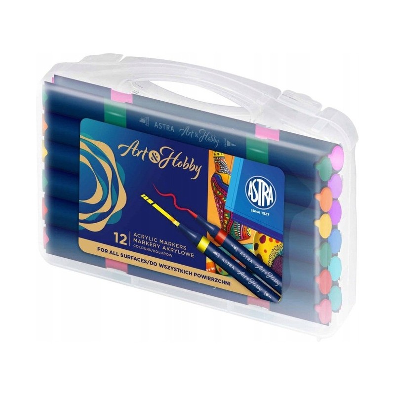 Markery akrylowe dwustronne trójkątne ASTRA Art&Hobby 12szt. walizka 207025002