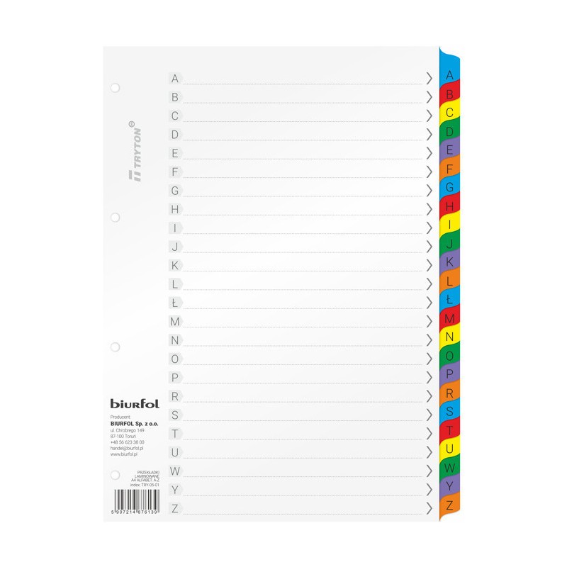 Przekładki alfabetyczne do segregatora A4 A-Z laminowane TRY-05-01 BIURFOL