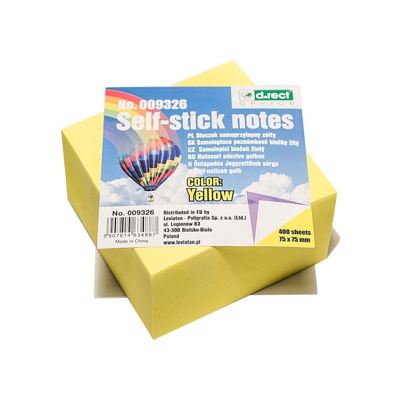 Bloczek samoprzylepny 75x75mm 400k żółty D.RECT 009326 LEVIATAN