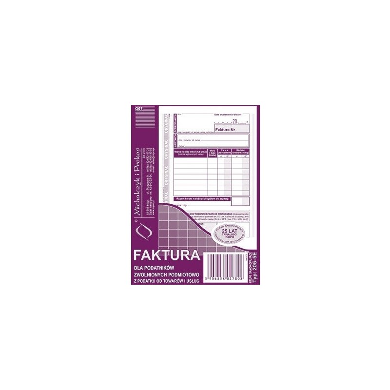 205-5E Faktura dla podatników zwolnionych z VAT A6 (o+1k) MICHALCZYK
