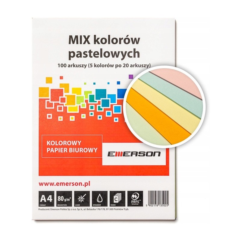 Papier ksero A4 80g mix pastel 100ark Kanarkowy, Różowy, Pomarańczowy, Jasny Niebieski, Jasny Zielony xem1000pwn EMERSON