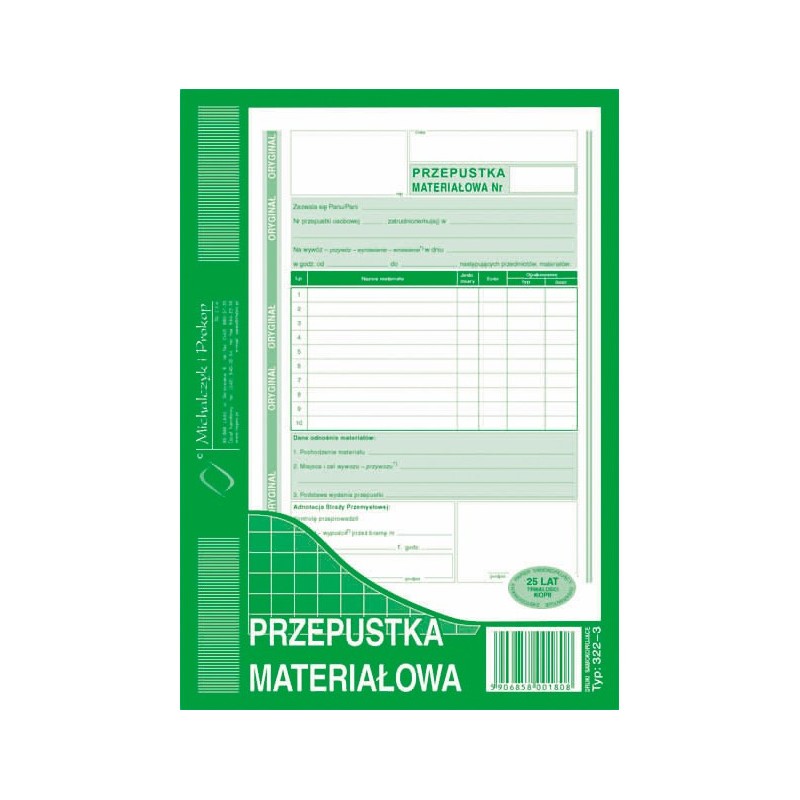 322-3 Przepustka materiałowa A5 o+1k MICHALCZYK i PROKOP