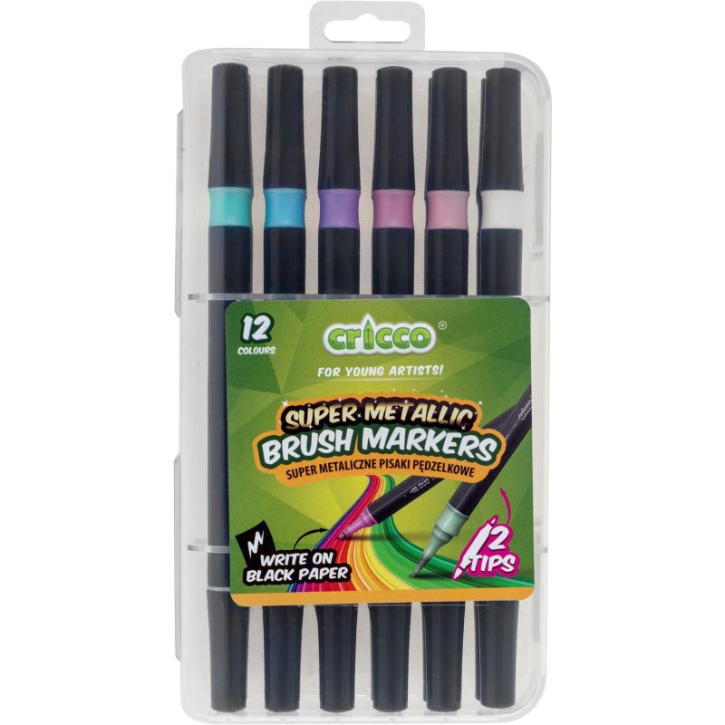 Pisaki metaliczne pędzelkowe dwustronne 12 kolorów CRICCO CR385K12