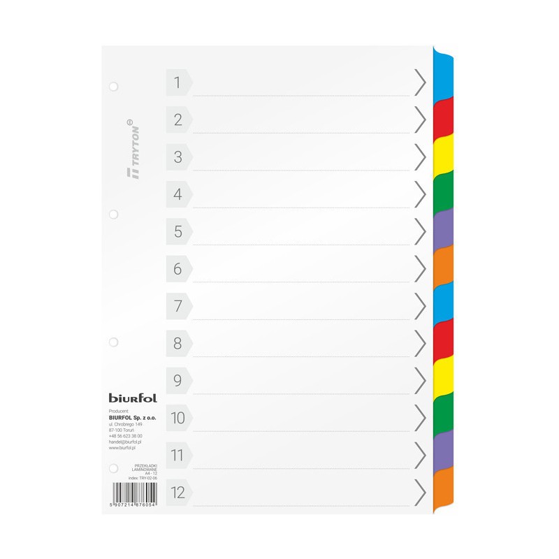 Przekładki do segregatora A4 12 kart laminowane TRY-02-06 BIURFOL