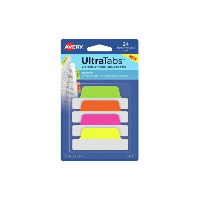 Zakładki indeksujące samoprzylepne 63,5x25,4mm przezroczyste z neonową zakładką Ultra Tabs 74767 AVERY ZWECKFORM