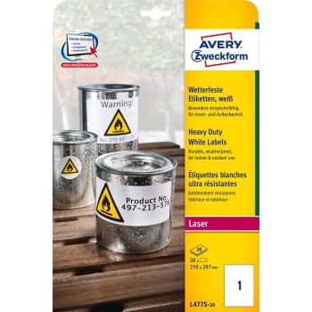 Etykiety Heavy Duty (20ark)210x297mm białe poliestrowe L4775-20 trwałe AVERY ZWECKFORM