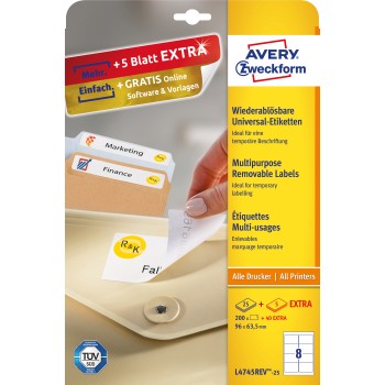 Etykiety A4 białe (25 arkuszy) 96*63,5mm L4745REV-25 AVERY ZWECKFORM