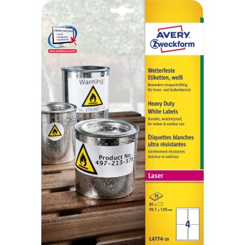 Etykiety A4 białe Heavy Duty 99,1x139mm poliestrowe L4774-20 (20 arkuszy) AVERY ZWECKFORM