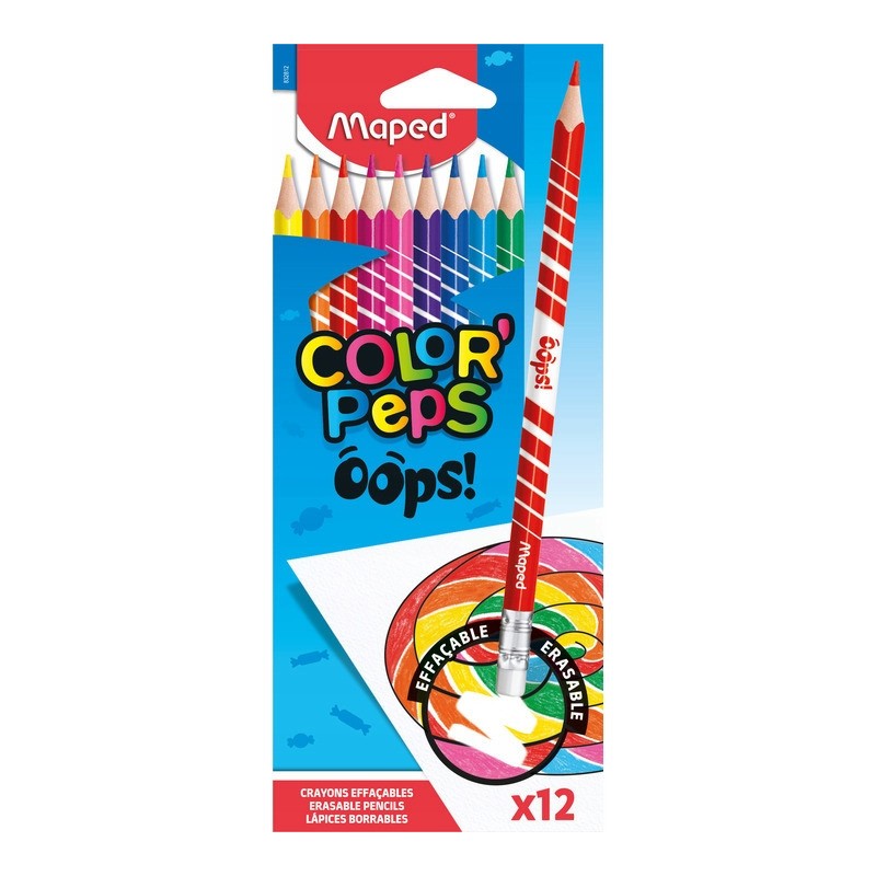 Kredki trójkątne ścieralne z gumką 12 kolorów OOPS 832812 COLORPEPS MAPED