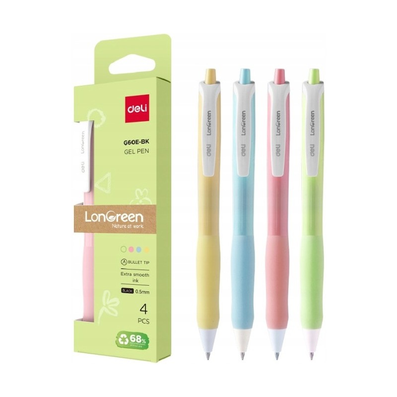 Długopis żelowy LonGreen , czarny wkład 4szt/op. mix kolorów EG60E-BK DELI