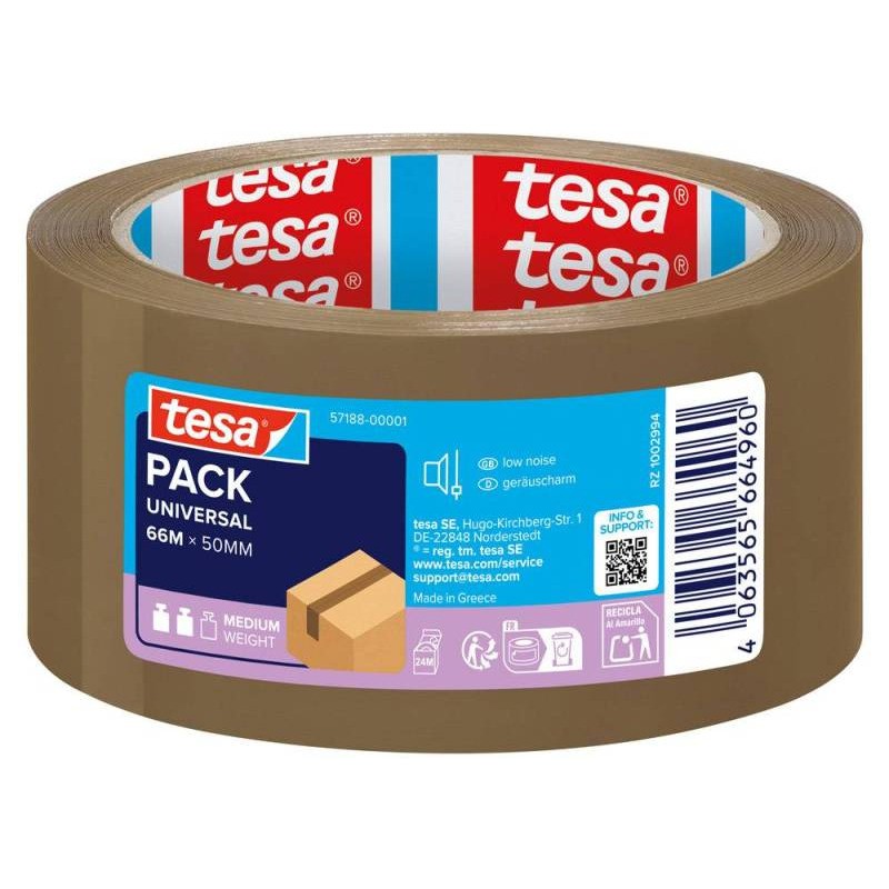 Taśma pakowa UNIVERSAL 66m x 50mm BRĄZOWA cicha 57188 TESA