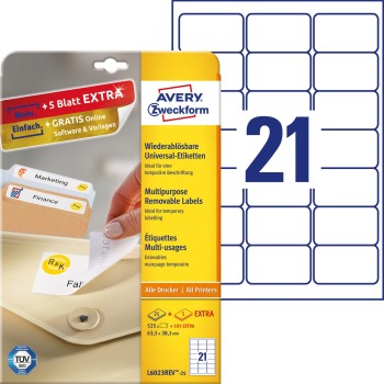 Etykieta biała 63,5x38,1mm (25arkuszy  630 etykiet) usuwalna L6023REV-25 AVERY ZWECKFORM