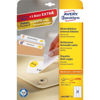 Etykieta biała 63,5x38,1mm (25arkuszy  630 etykiet) usuwalna L6023REV-25 AVERY ZWECKFORM