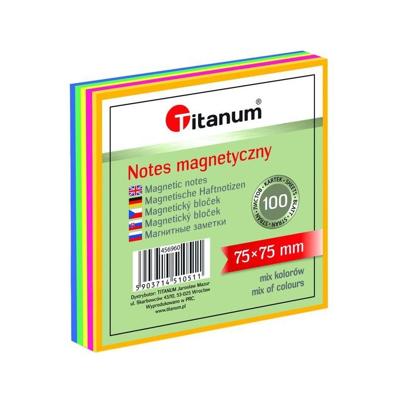 Bloczek magnetyczny - elektrostatyczny mix kol. neonowy 75x75mm 100k. 456960 TITANUM