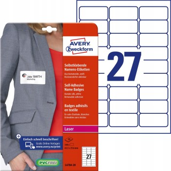 Identyfikator do zadruku samoprzylepny L4784-20 635x296mm biały sztucz.jedwab AVERY ZWECKFORM