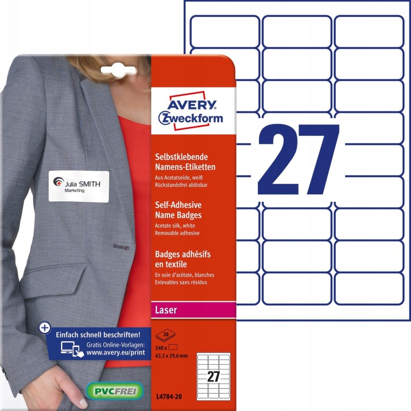 Identyfikator do zadruku samoprzylepny L4784-20 635x296mm biały sztucz.jedwab AVERY ZWECKFORM
