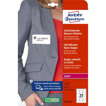 Identyfikator do zadruku samoprzylepny L4784-20 635x296mm biały sztucz.jedwab AVERY ZWECKFORM