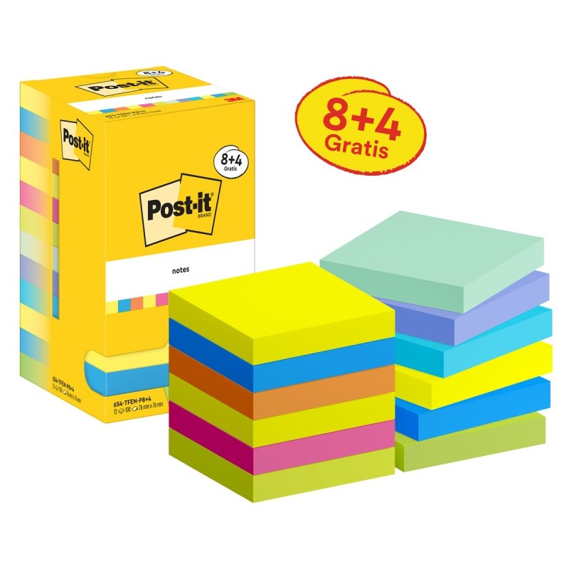 Bloczek samoprzylepny 76x76mm Energetic 8+4gratis 100kartek mix kolorów 3M