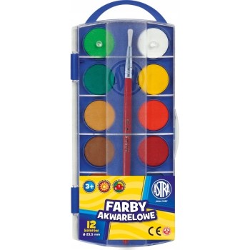 Farby akwarelowe szkolne zestaw 12 kolorów + pędzelek 832169050 ASTRA