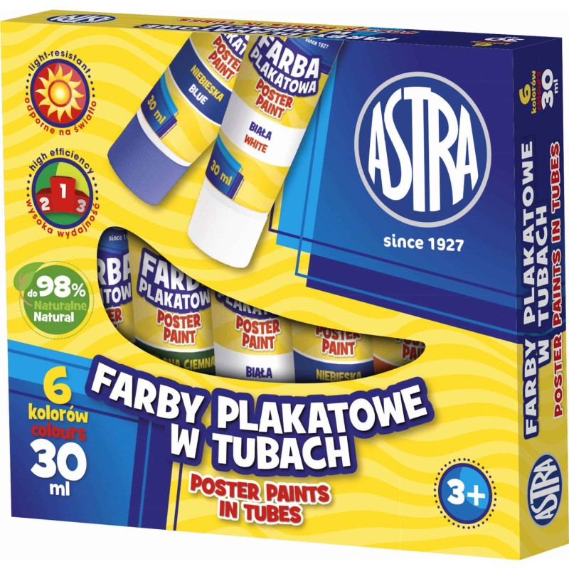 Farby plakatowe w tubkach szkolne 6 kolorów 30ml zestaw 83119900 ASTRA