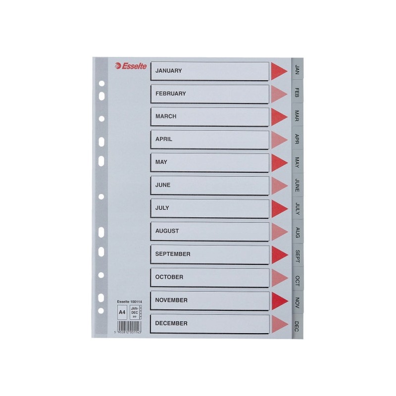 Przekładki plastikowe szare PP A4 12 miesięcy numeryczne 100114 ESSELTE